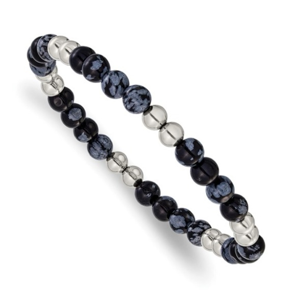 NEW Chisel Black/Grey Synthetic Agate 6.5m Stretch Bead Bracelet Stainless 7.75”